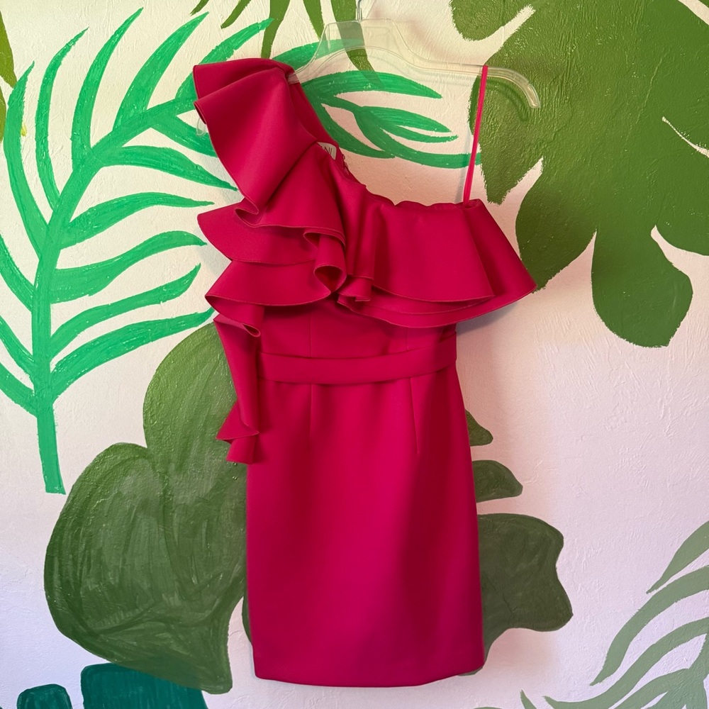 Jovani One-Shoulder Ruffle Mini Dress in Fuchsia